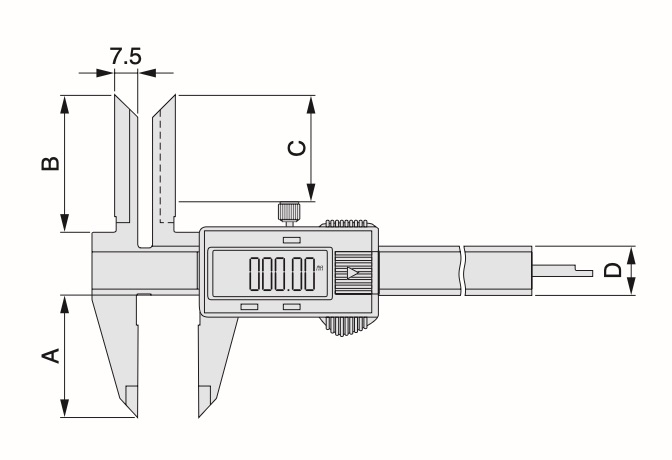 Digitalt skjutmått med extra långa bakre skänklar för invändiga mätningar